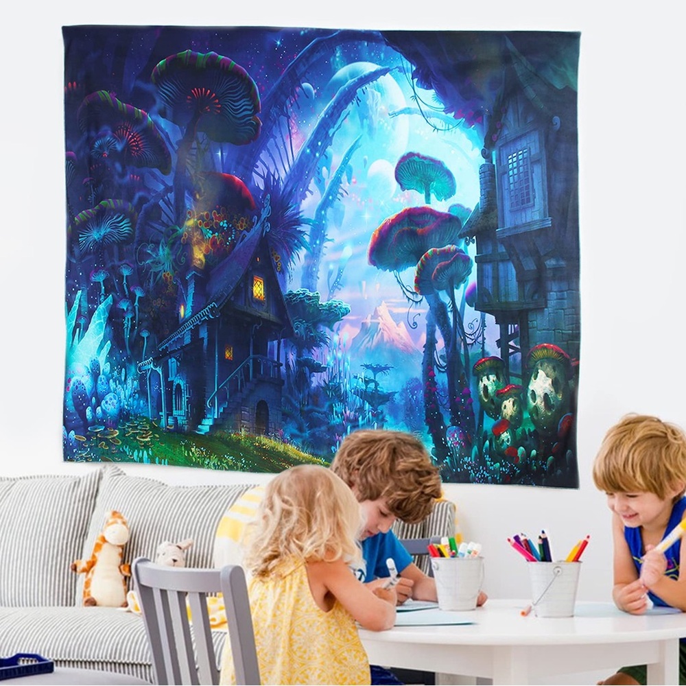 Large Trippy Psychedelic Mushroom Hut In The Forest Tapestry Wall Art Hanging - Picture 5 of 11